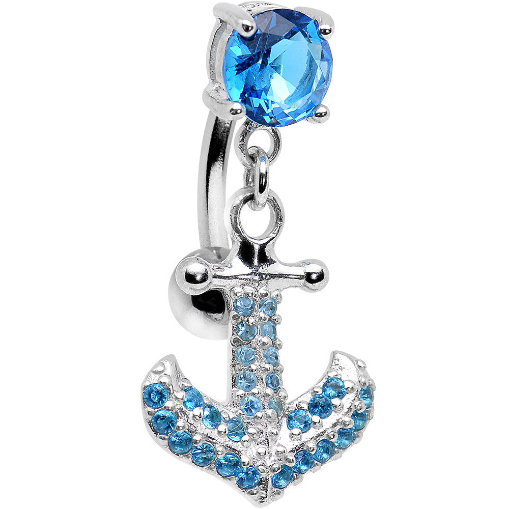 925 Sterling Silver Aqua Jeweled Anchor Top Mount Dangle Belly Ring