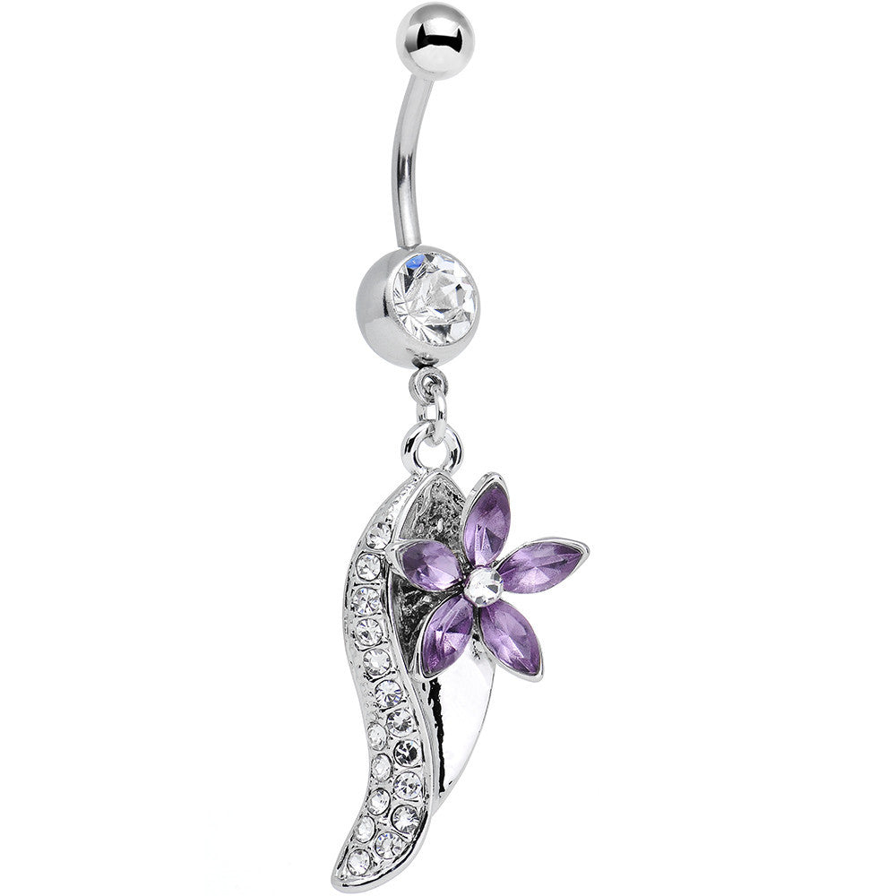 Clear and Purple Gem Flower Leaf Dangle Belly Ring