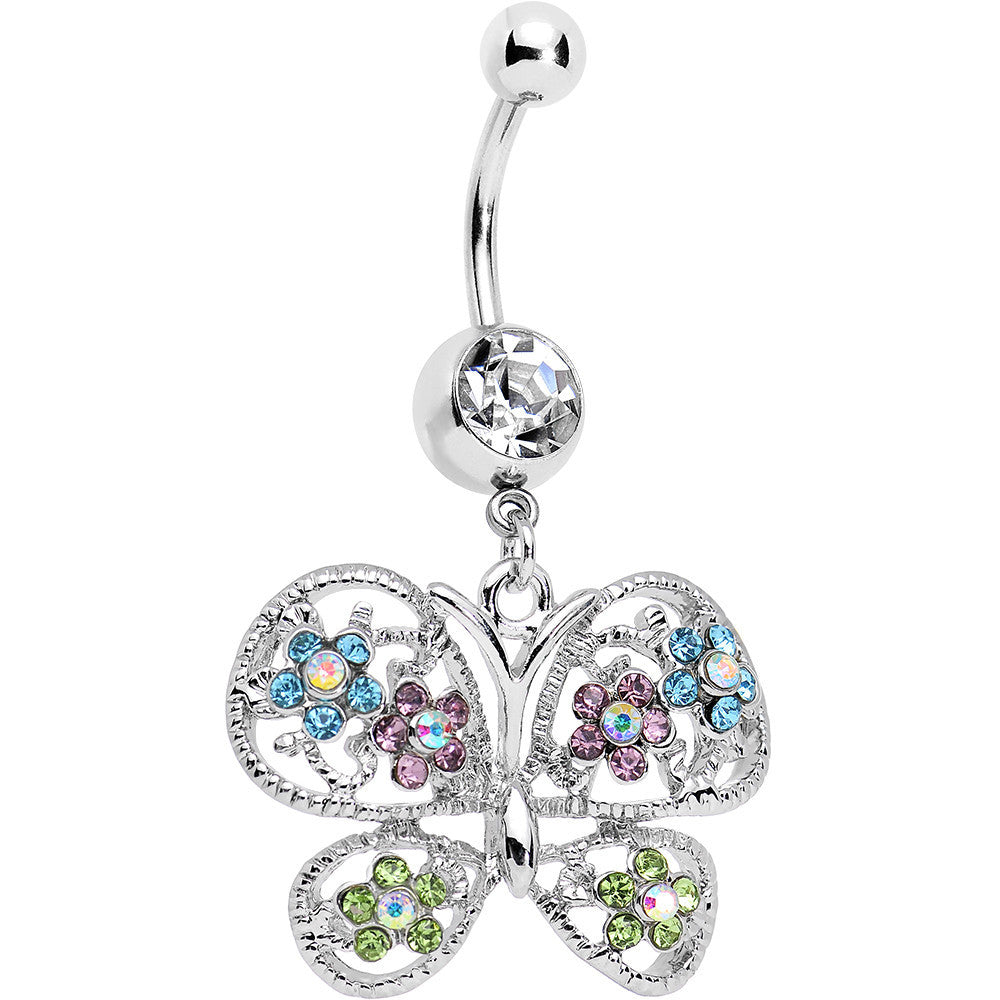Multicolored Gem Butterfly Dangle Belly Ring