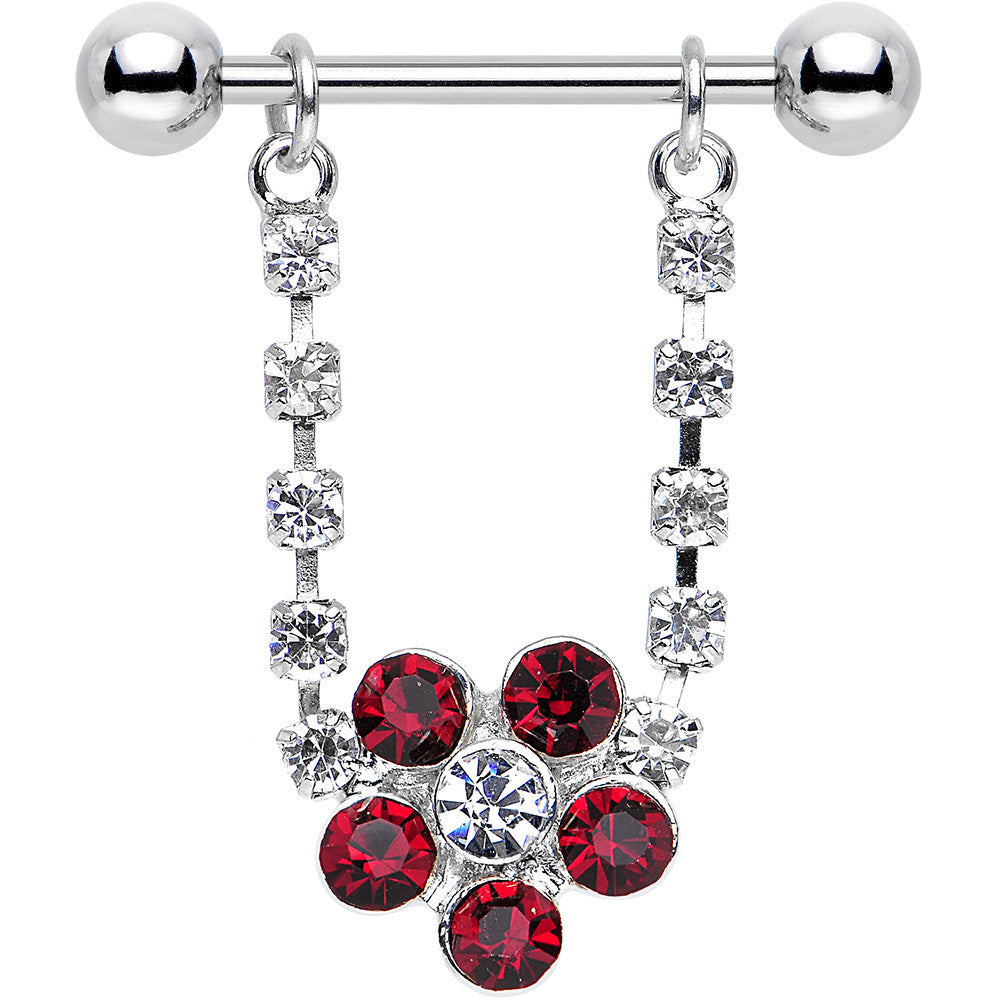 14 Gauge 3/4 Red and Clear Gem Tantalizing Flower Dangle Nipple Ring