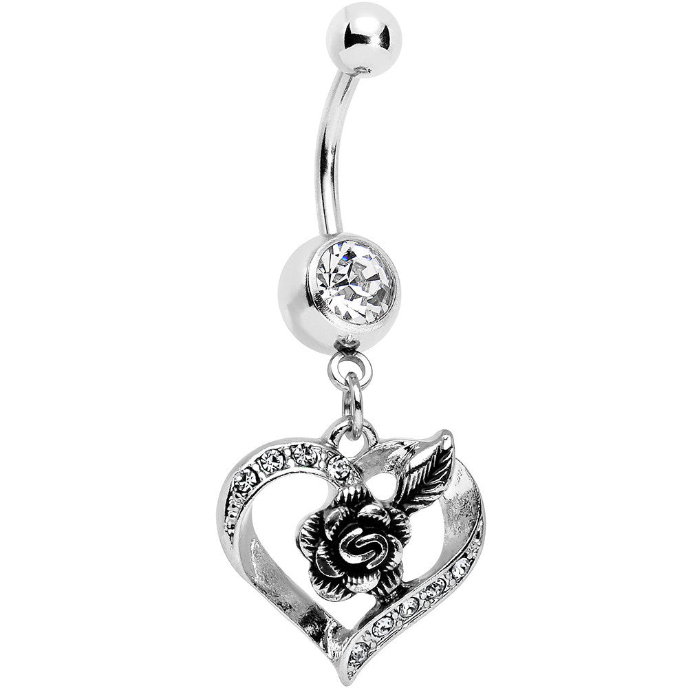 Clear Gem Tattoo Rose Flower in a Hollow Heart Dangle Belly Ring