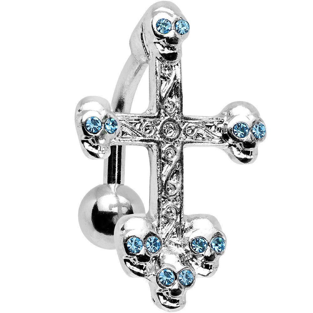 Aqua Gem Top Mount Skull Studded Gothic Cross Belly Ring
