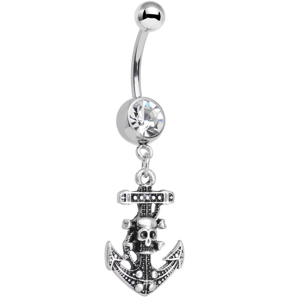 Clear Gem Nautical Anchor and Skull Dangle Belly Ring