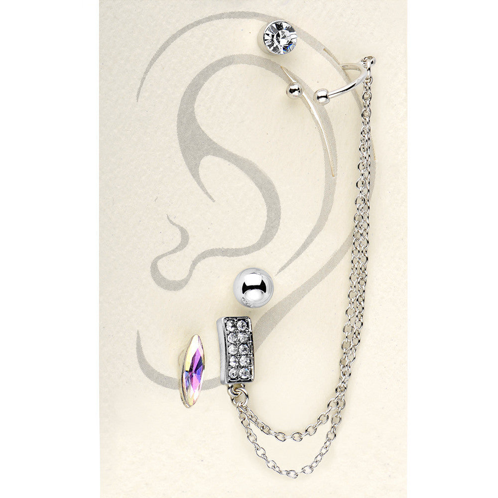 Silver Tone Aurora Marquis Clear Chain Ear Cuff Stud Earring Set