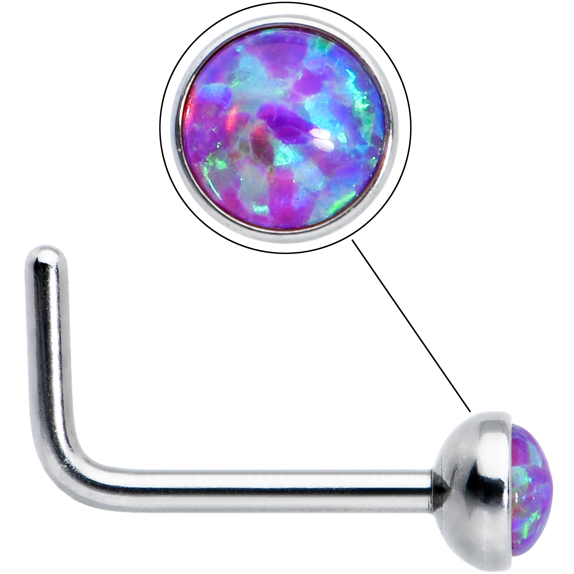 .925 Sterling Silver L-Shaped Nose Stud – 2mm Multi-Color Synthetic Opal, 22g Prong Set