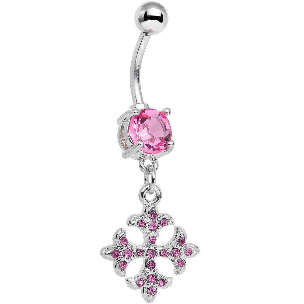 Pink Cubic Zirconia Cathedral Cross Dangle Belly Ring
