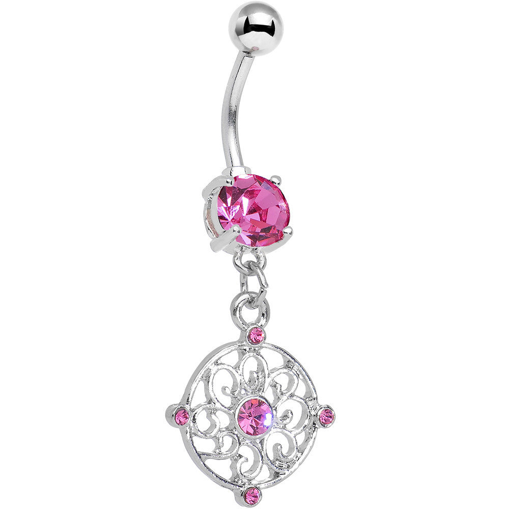 Pink CZ Scrolling Medallion Dangle Belly Ring