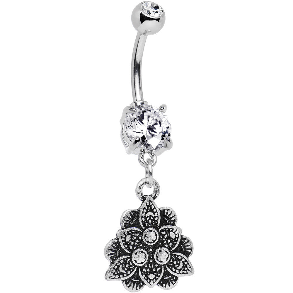 Double Clear Gem Incan Flower Dangle Belly Ring