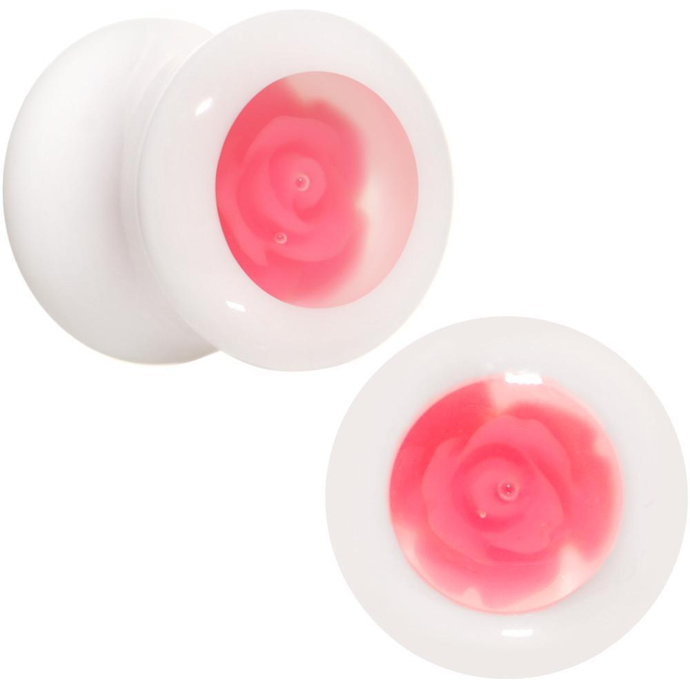 White Acrylic Pink Rose Flower Insert Saddle Plug Set Available in Sizes 00 Gauge to 26mm