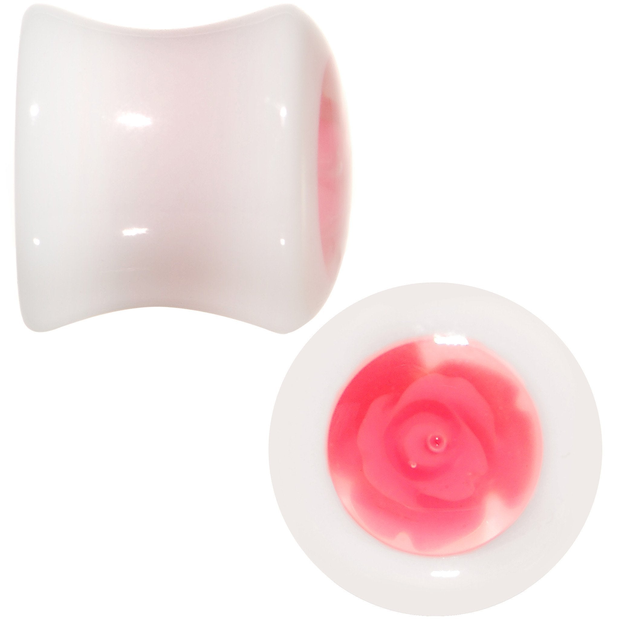 White Acrylic Pink Rose Flower Insert Saddle Plug Set Available in Sizes 00 Gauge to 26mm