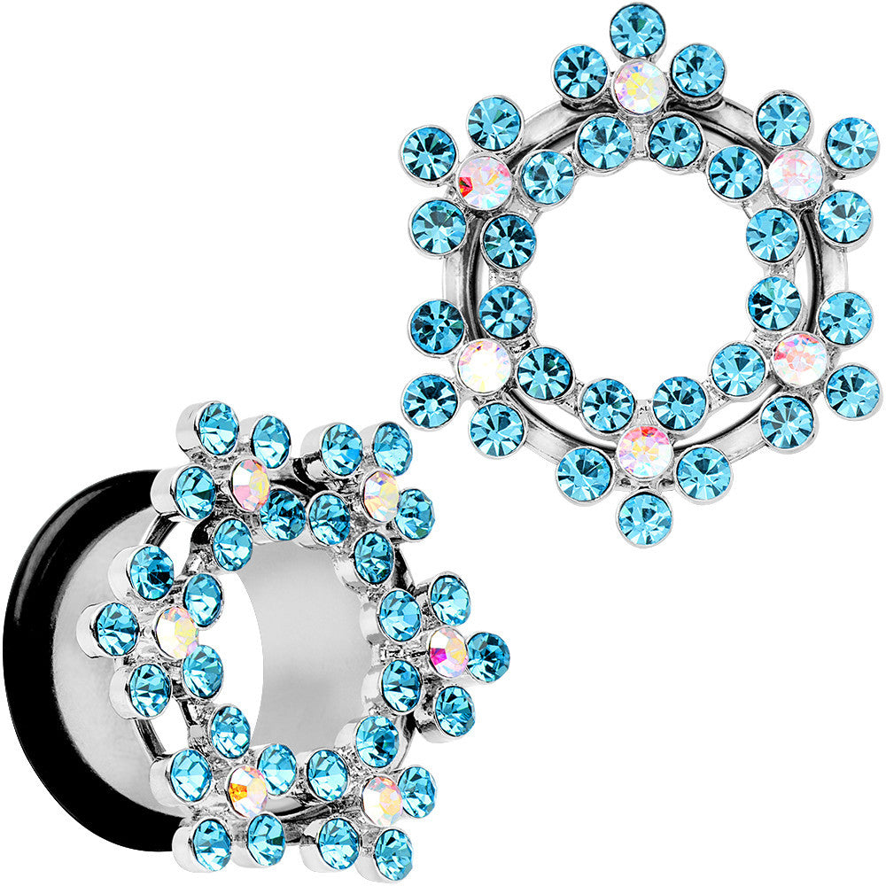 18mm Aqua and Aurora Gem Snowflake Steel Tunnel Plug Set