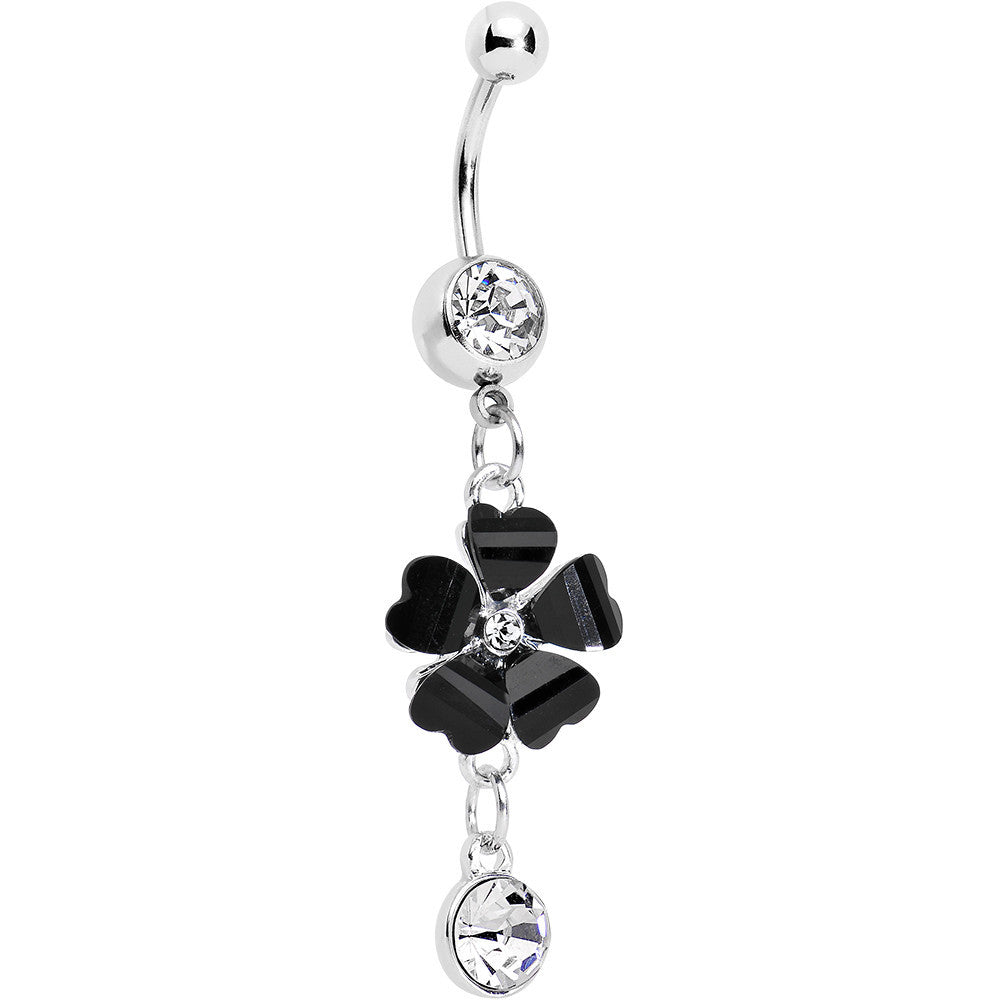 Clear Czech Stone Black Petals Flower of Love Dangle Belly Ring