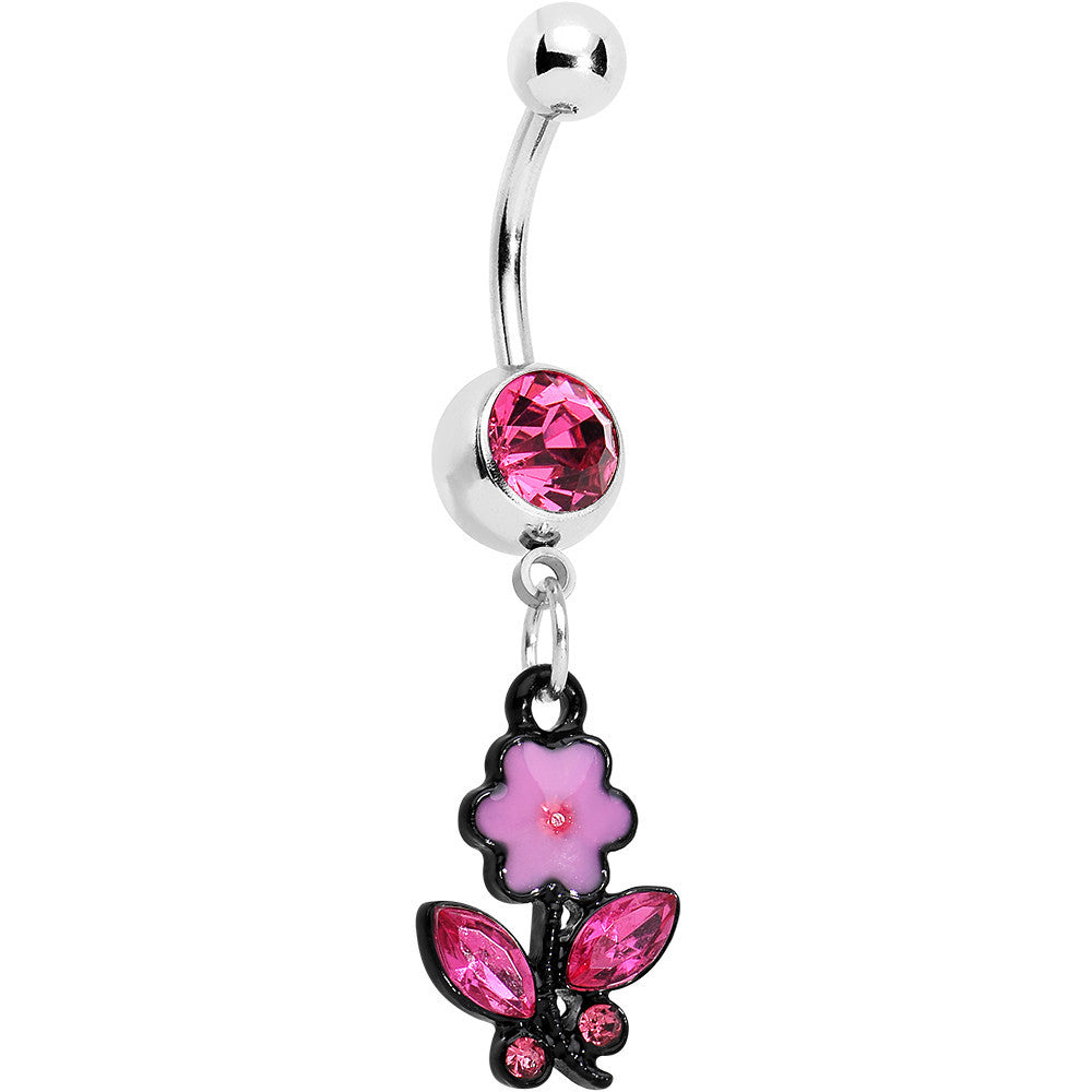 Pink Czech Stone Black Faceted Floral Foliage Dangle Belly Ring