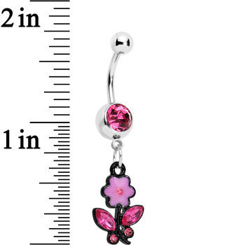 Pink Czech Stone Black Faceted Floral Foliage Dangle Belly Ring