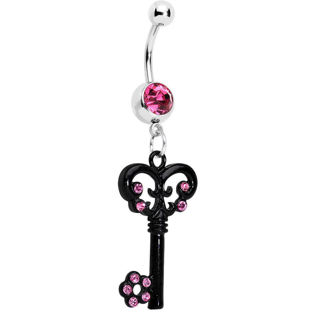 Pink Czech Stone Black Victorian Antique Key Dangle Belly Ring