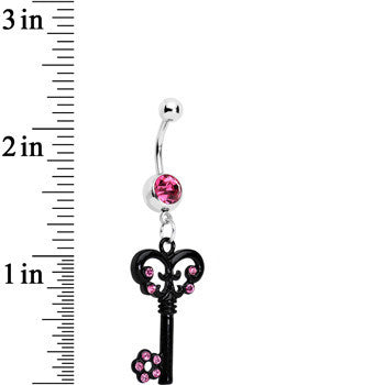 Pink Czech Stone Black Victorian Antique Key Dangle Belly Ring