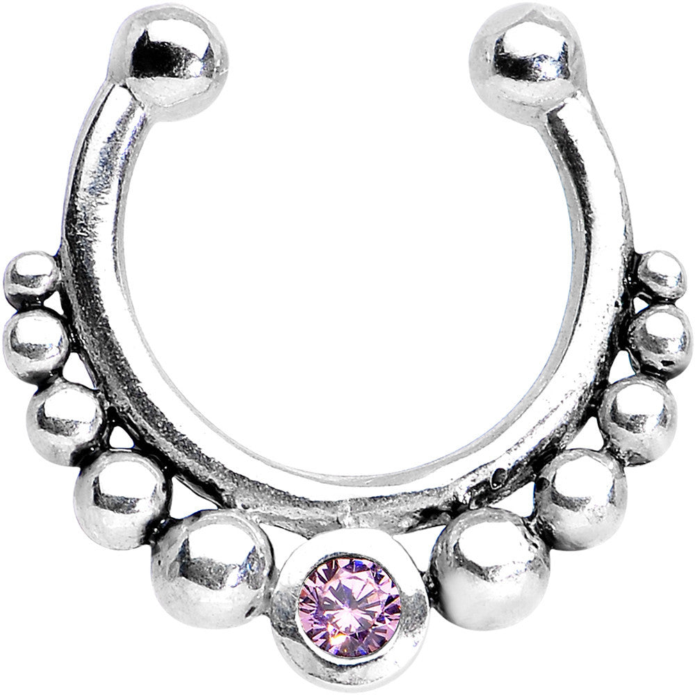 Look At Me Pink Gem and Ball 925 Sterling Silver Clip On Fake Septum Ring