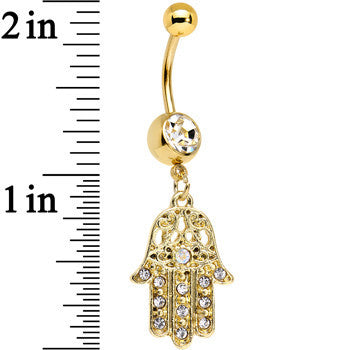 Clear Gem Gold Anodized Hamsa Hand Dangle Belly Ring