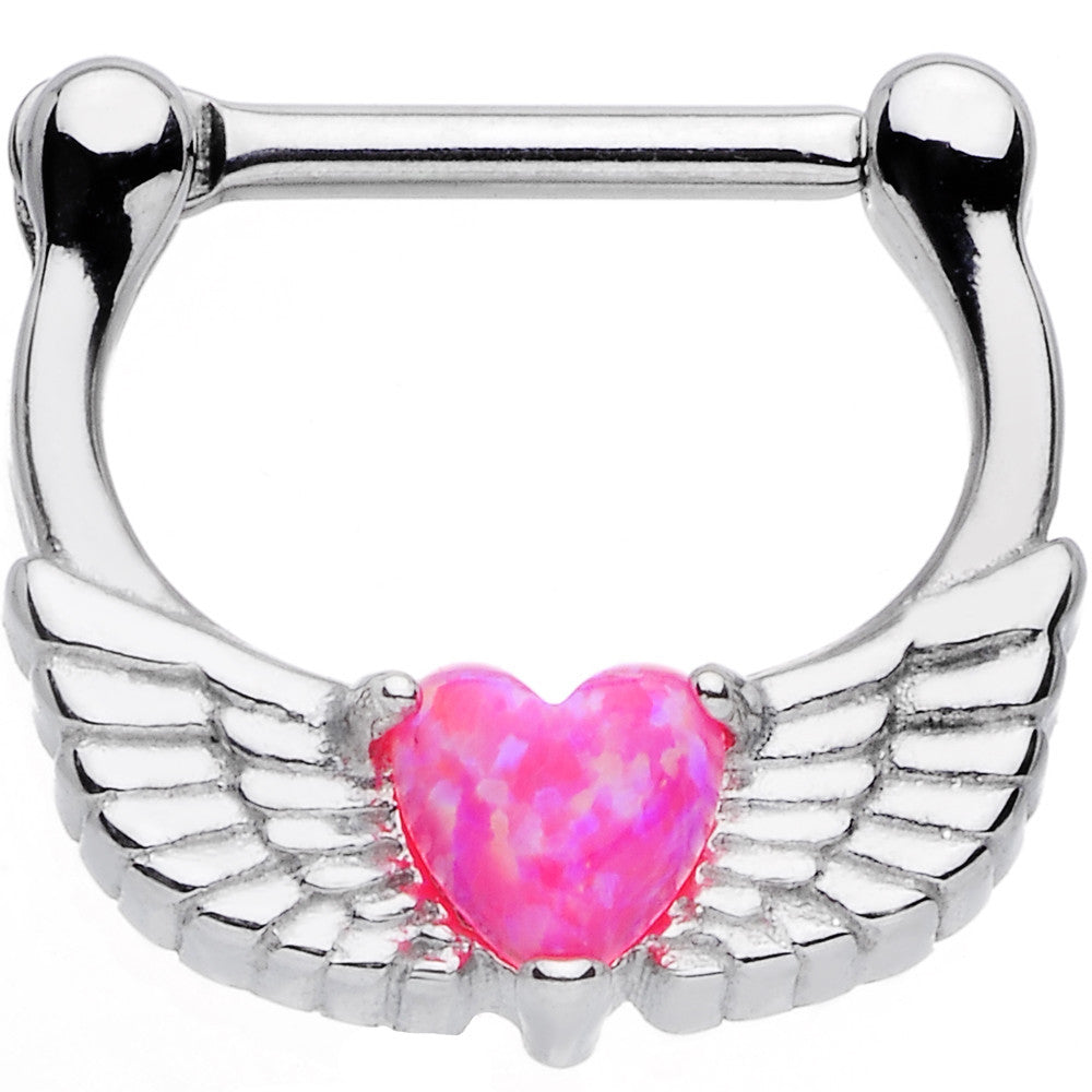 16G Steel Pink Synthetic Opal Heart Angel Wing Septum Clicker