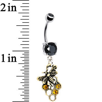 Black and Amber Gem Busy Bee Honeycomb Dangle Belly Ring