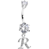 925 Sterling Silver Clear CZ Ornate Script Initial R Dangle Belly Ring