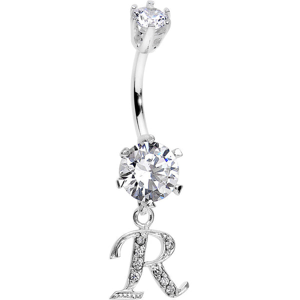 925 Sterling Silver Clear CZ Ornate Script Initial R Dangle Belly Ring