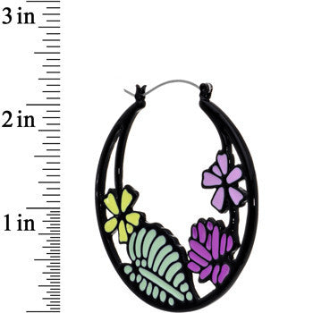 Pink Purple Green Floral Bouquet Black Tunnel Hoop Earrings