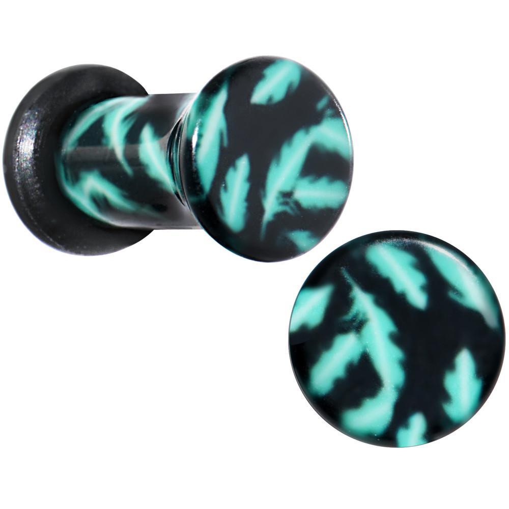 Black Acrylic Teal Feather Single Flare Plug Set Available in Sizes 3mm to 16mm