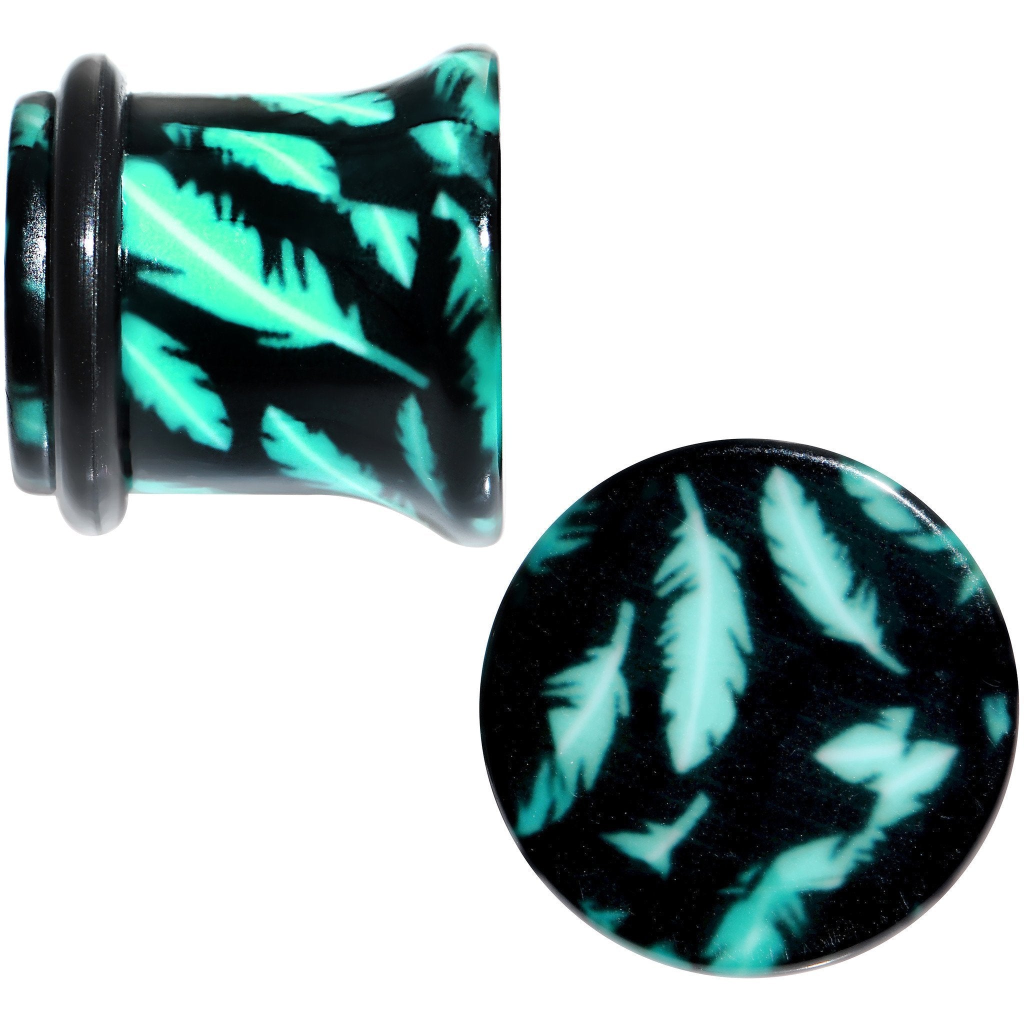 Black Acrylic Teal Feather Single Flare Plug Set Available in Sizes 3mm to 16mm