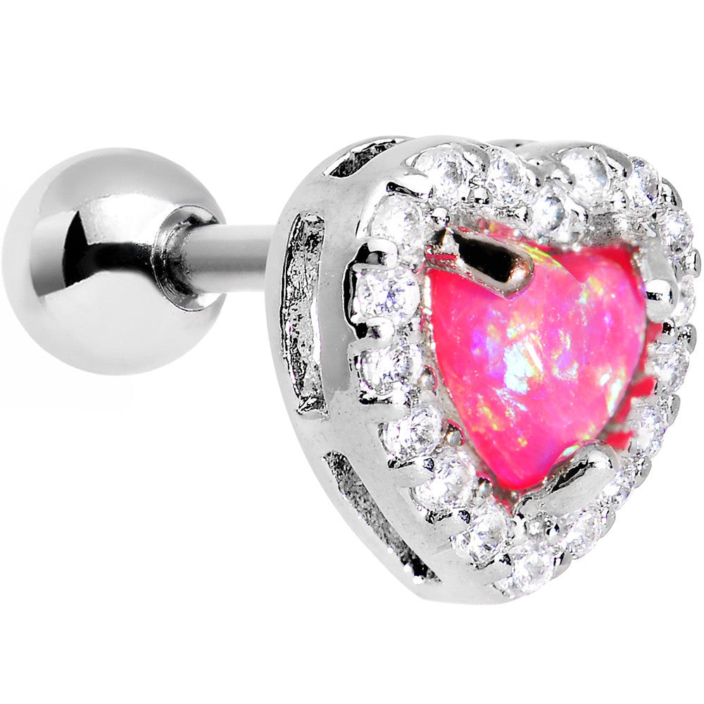 16 Gauge 1/4 Pink Synthetic Opal Clear Gem Heart Cartilage Earring