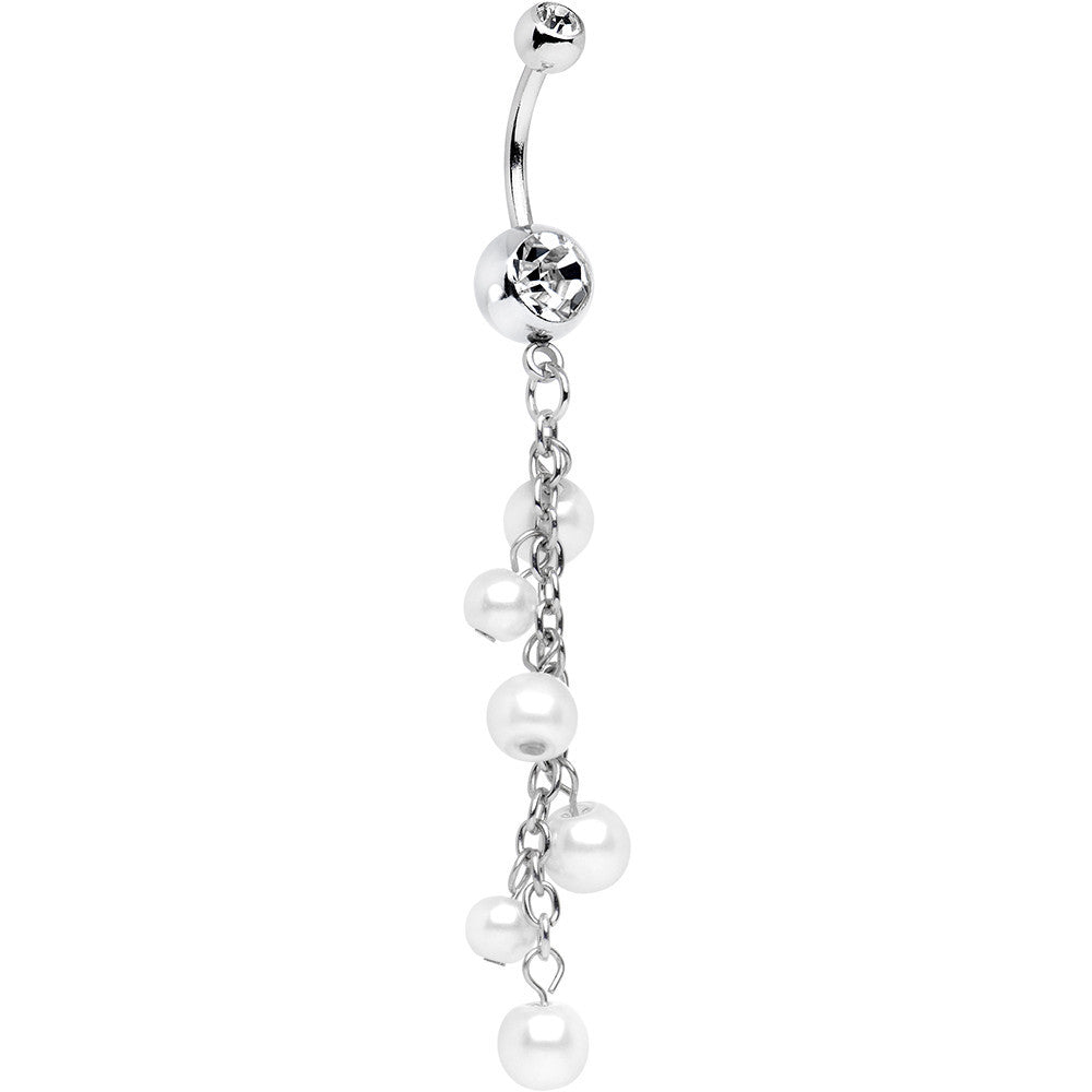 Clear Accent White Faux Pearl Shower Drop Dangle Belly Ring