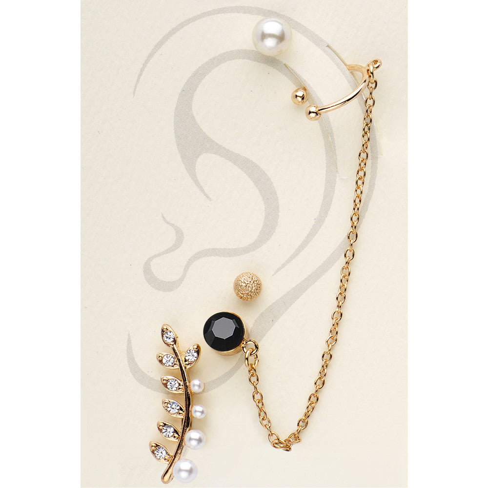 Gold Tone Imitation Pearl Clear and Black Earring Set