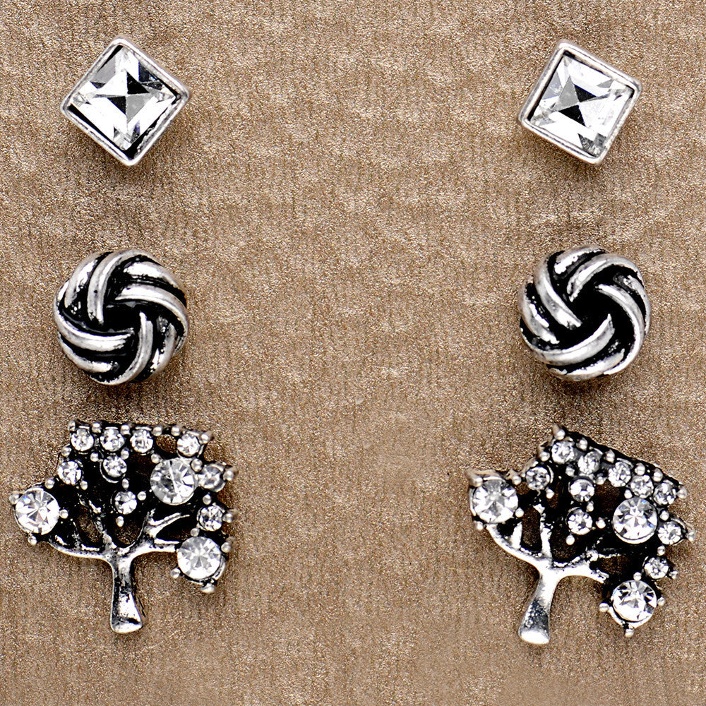 Burnished Silver Tree of Life Stud Earring Set