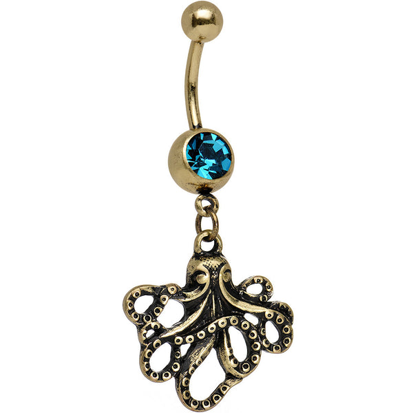 Coral Blue Anodized Antiqued Octopus Dangle Belly Ring