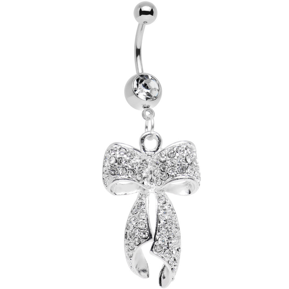 Clear Gem Stainless Steel Encrusted Bow Dangle Belly Ring