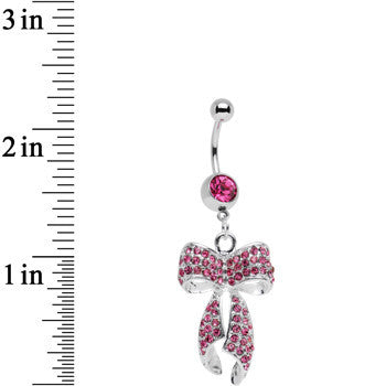 Pink Gem Stainless Steel Encrusted Bow Dangle Belly Ring