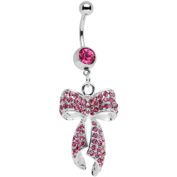 Pink Gem Stainless Steel Encrusted Bow Dangle Belly Ring