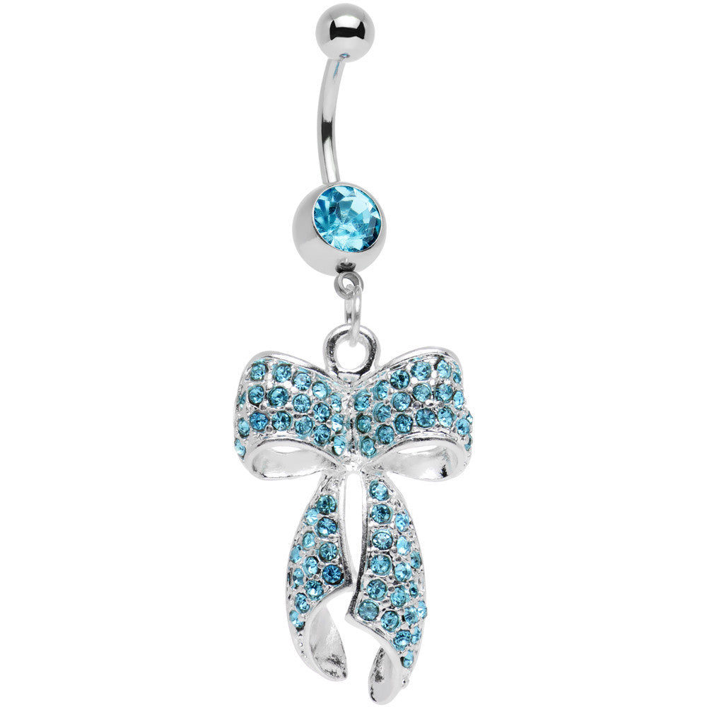 Aqua Gem Stainless Steel Encrusted Bow Dangle Belly Ring