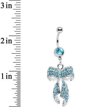 Aqua Gem Stainless Steel Encrusted Bow Dangle Belly Ring