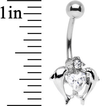 Clear Gem Double Dolphin Heart Bottom Mount Belly Ring