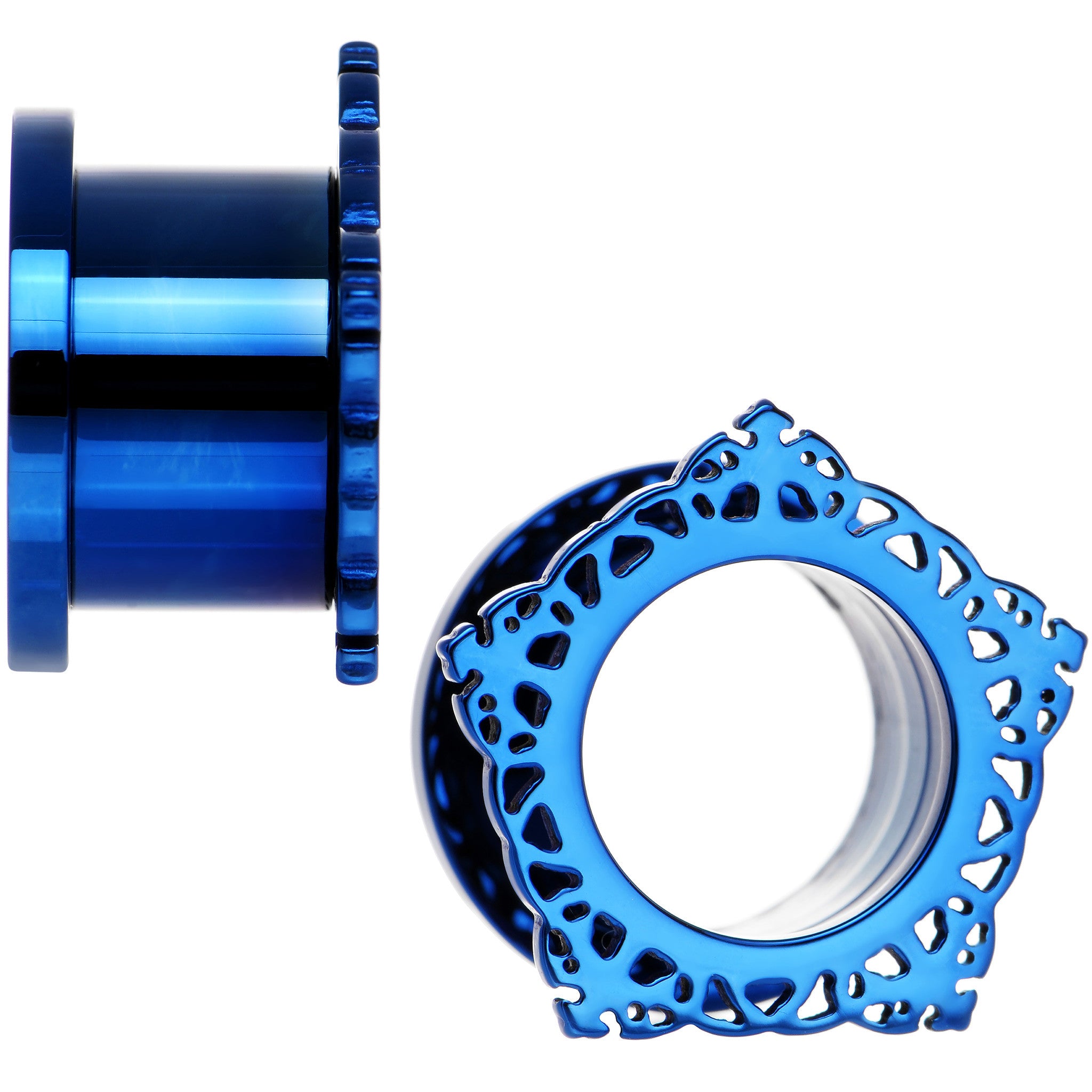 9/16 Blue PVD Filigree Frame Screw Fit Tunnel Plug Set