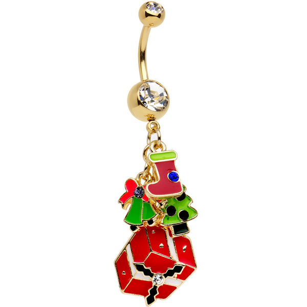 Gold Plated Stainless Steel Clear Joy of Christmas Dangle Belly Ring