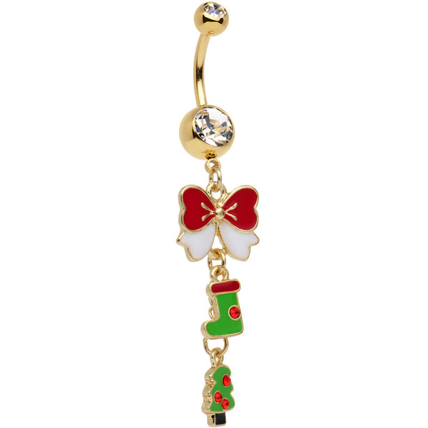 Gold Plated Surgical Steel Clear Spirit of Christmas Dangle Belly Ring