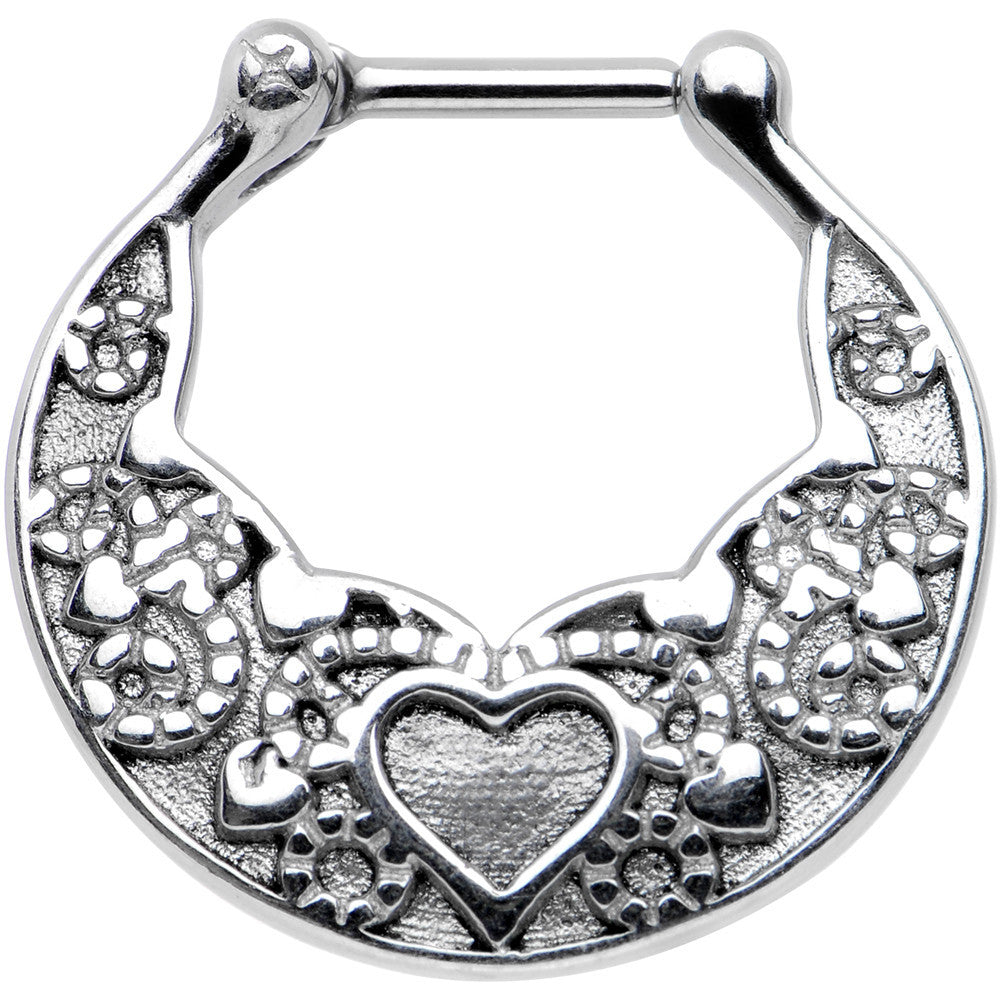16 Gauge 1/4 Steel Bar Wide Ornate Heart Detailed Hoop Septum Clicker