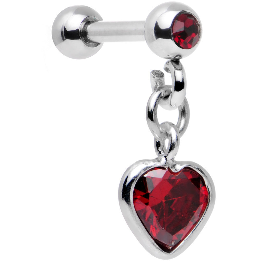 16G 1/4 Red Gem 925 Silver Heart Dangle Cartilage Earring