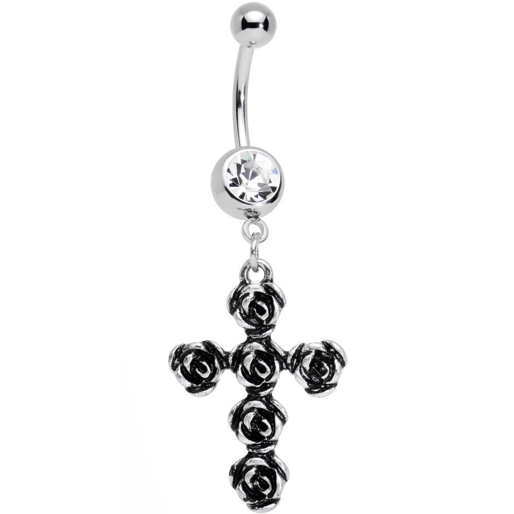 Clear Gem Black Rose Flower Detailed Gothic Cross Dangle Belly Ring
