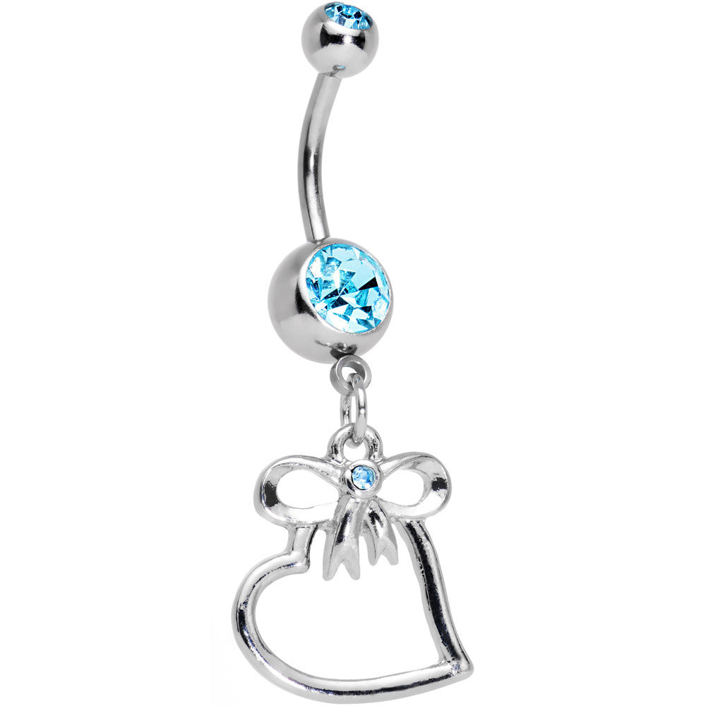 Aqua Gem Pretty Bow and Heart Dangle Belly Ring