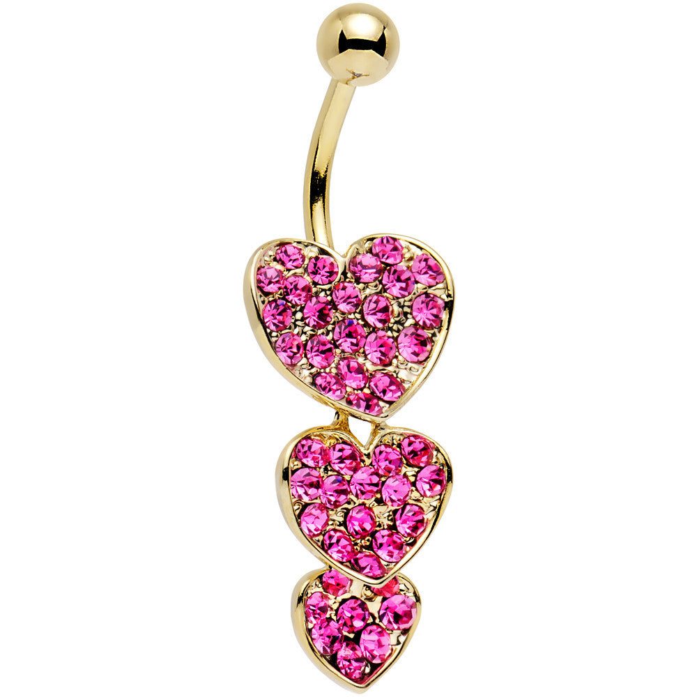 Pink Gem Gold Plated Steel Triple Heart Dangle Belly Ring