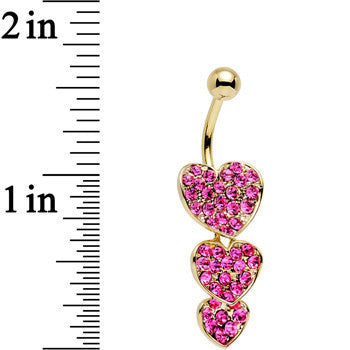 Pink Gem Gold Plated Steel Triple Heart Dangle Belly Ring