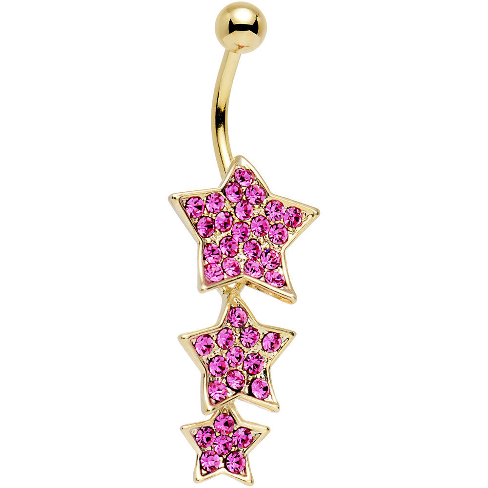 Pink Gem Gold Plated Steel Triple Star Dangle Belly Ring